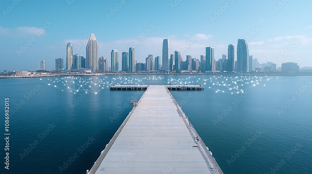 Fototapete Wide angle view of a pier with global digital network and interconnected nodes in front of a futuristic city skyline representing the advancement of technology and connectivity in the modern world
