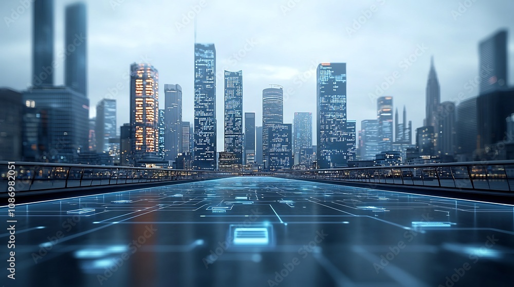 Leinwandbilder Futuristic pier with a wide angle view of a global digital network and interconnected nodes in front of a modern technologically advanced cityscape  Represents the concept of smart cities