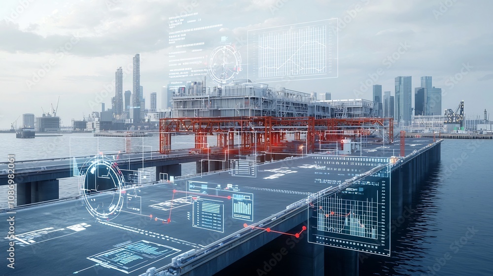 Poster Industrial pier view with a network of floating business nodes and data charts against a city skyline showcasing a futuristic technology driven urban environment for finance analysis