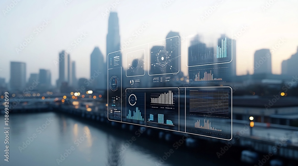 Poster Futuristic industrial pier view with a network of floating business nodes and data charts against a modern city skyline representing technology innovation