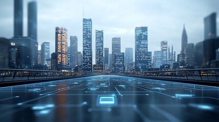 Futuristic pier with a wide angle view of a global digital network and interconnected nodes in front of a modern technologically advanced cityscape  Represents the concept of smart cities