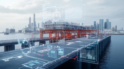 Industrial pier view with a network of floating business nodes and data charts against a city skyline showcasing a futuristic technology driven urban environment for finance analysis