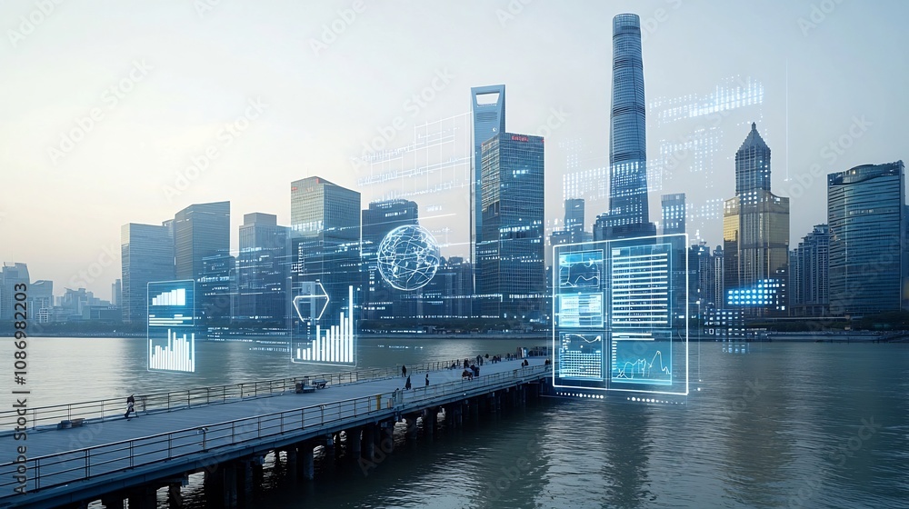 Aufkleber Panoramic view of a pier with a global communication network and 3D data charts floating in front of a large industrial toned cityscape skyline  The scene depicts the of technology data