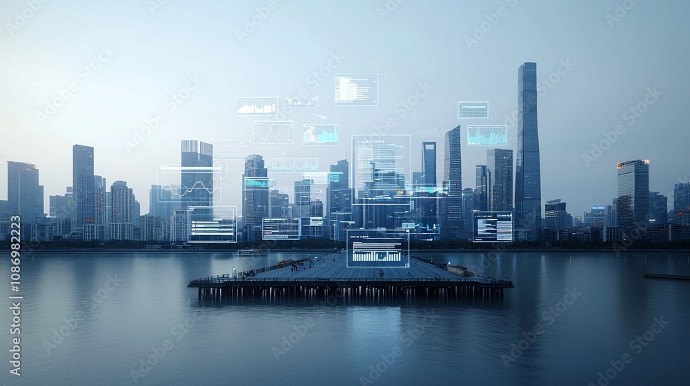 Aufkleber Futuristic view of a pier with a global communications network and floating 3D data charts in front of a large industrial toned cityscape  This image represents technological advancement