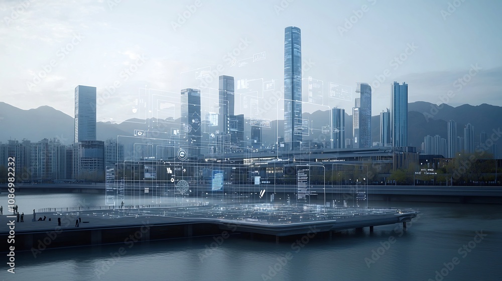 Leinwandbilder Aerial view of a futuristic pier with a network of floating business nodes and data graphs hovering above the modern cityscape