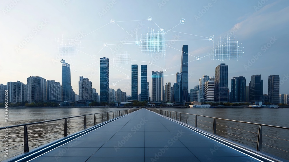 Aufkleber Aerial view of a wide pier with a futuristic network of business nodes data graphs and digital visualizations floating over a modern cityscape  The image represents the of technology finance