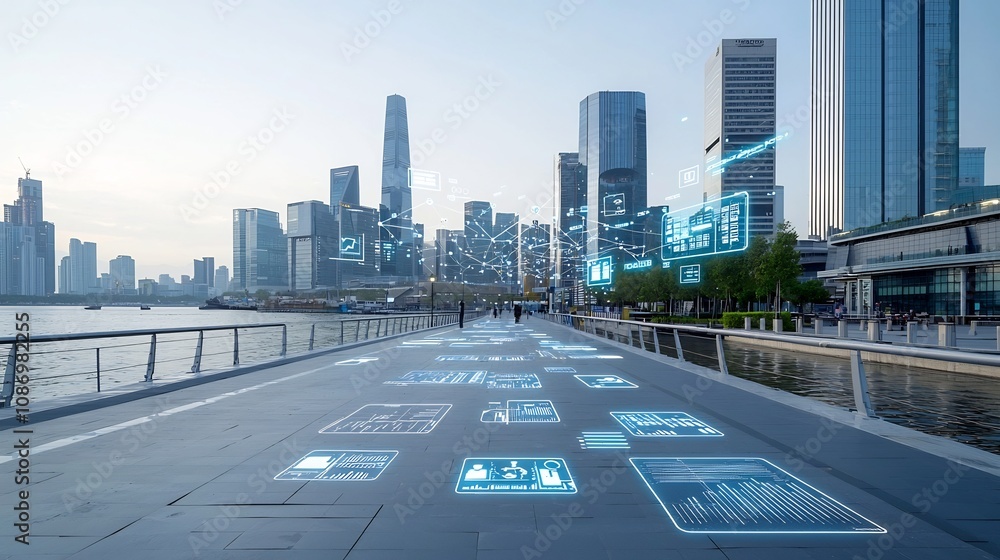 Poster Aerial view of a futuristic network of business data nodes and graphs floating in front of a modern city skyline representing the digital transformation and connectivity of the urban landscape