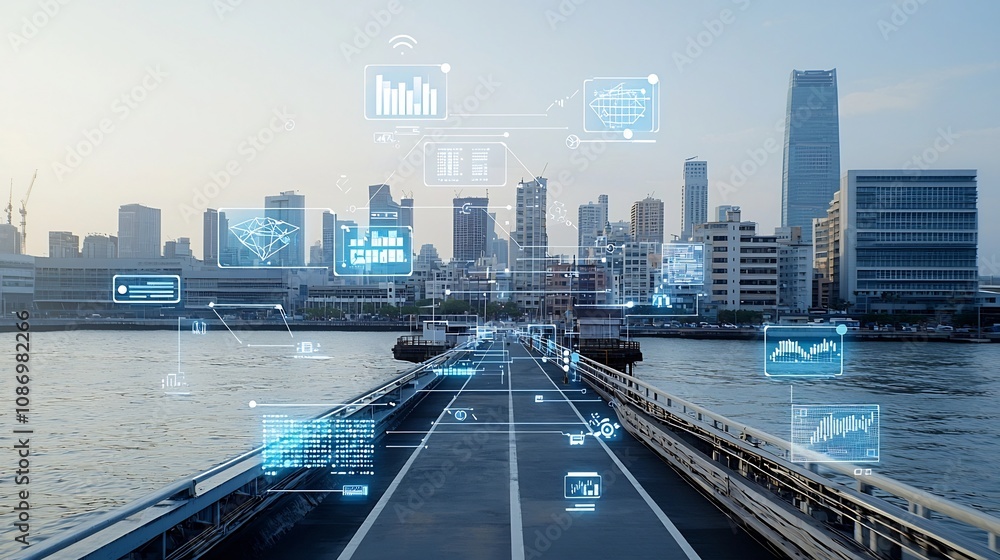 Leinwandbilder Aerial view of a futuristic pier with a network of floating business nodes and data graphs against the backdrop of a modern high tech city skyline  This image represents the future of technology