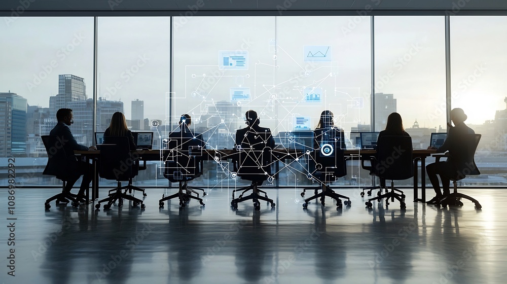Aufkleber Silhouetted team of business professionals collaborating and strategizing at a conference table surrounded by interconnected digital analysis tools and business nodes