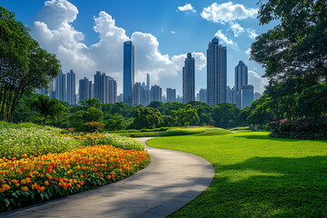 Obraz premium A beautiful park with green grass flowers