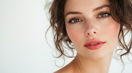 Naklejka premium Close-Up Portrait of a Beautiful Young Woman with Freckles and Curly Hair Against a Soft White Background Capturing Natural Beauty and Grace