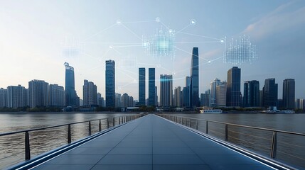 Aerial view of a wide pier with a futuristic network of business nodes data graphs and digital visualizations floating over a modern cityscape  The image represents the of technology finance