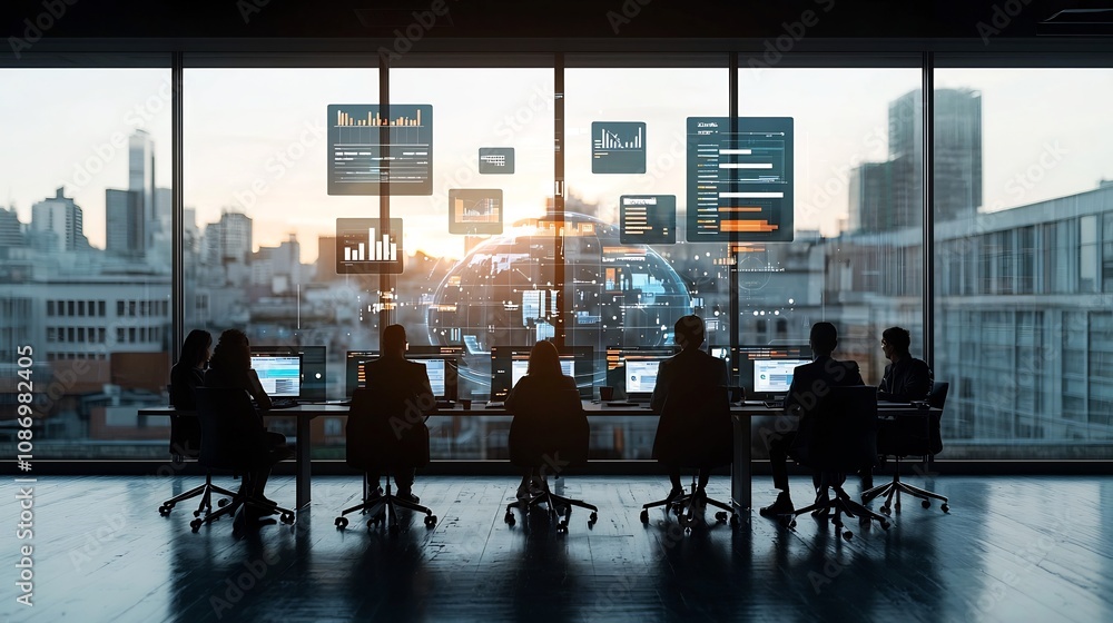 Poster Silhouetted group of business professionals meeting near a window with a global communication network and floating 3D data charts visible in the background