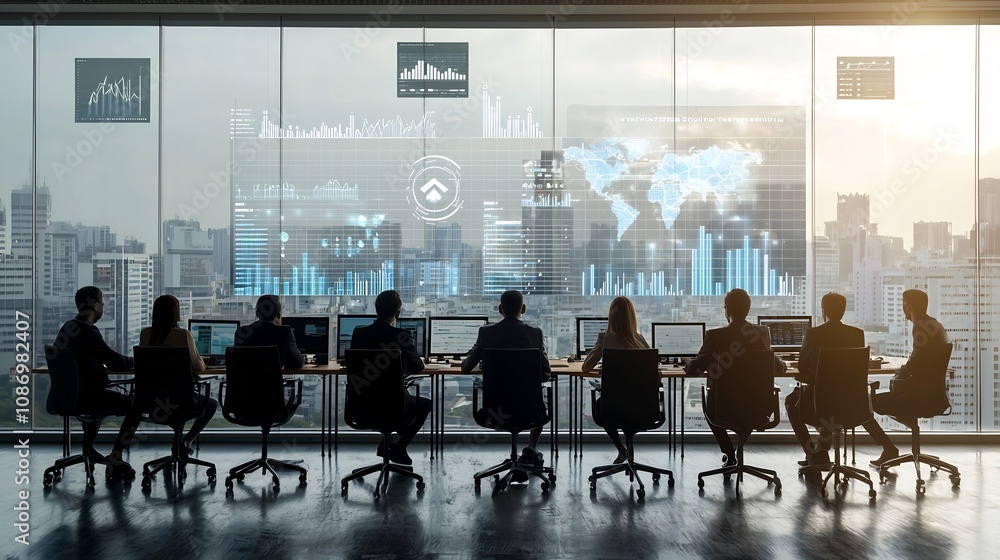 Poster Silhouetted business team meeting in front of a window showcasing a global communication network with floating 3D data charts and analytics