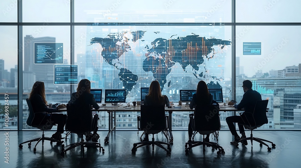 Aufkleber Silhouetted meeting of business professionals near a window displaying a global communication network with floating 3D data charts and visualizations showcasing data driven decision making