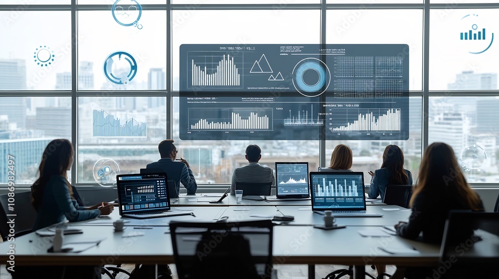 Leinwandbilder Silhouetted business professionals collaborating and analyzing data using advanced 3D data visualizations and technology in a modern office meeting room environment