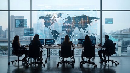 Obraz premium Silhouetted meeting of business professionals near a window displaying a global communication network with floating 3D data charts and visualizations showcasing data driven decision making