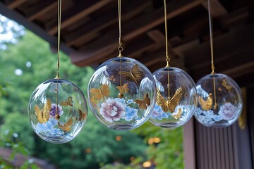 Traditional round wind chimes sway beneath the eaves, beautiful clear glass halos with gold leaf accents.