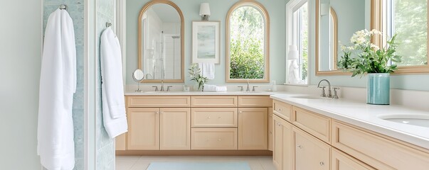 Elegant bathroom design with light birch wood cabinets, frameless arched mirrors, and a soothing pastel theme ,