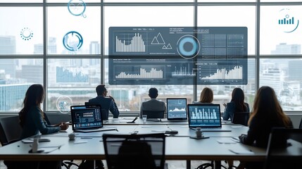 Silhouetted business professionals collaborating and analyzing data using advanced 3D data visualizations and technology in a modern office meeting room environment