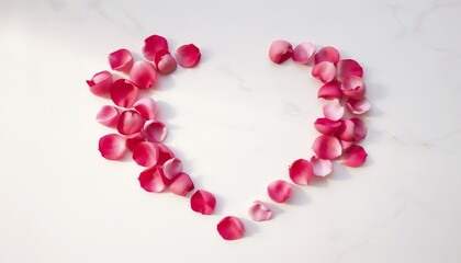 Obraz premium Delicate Pink Rose Petals Heart on White Marble Surface