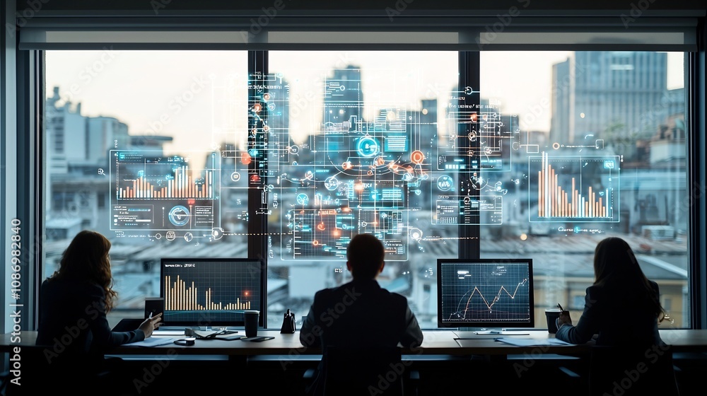 Poster Silhouetted business professionals in a meeting by the window surrounded by floating digital graphs and a global network in the background representing collaborative data analysis strategic planning