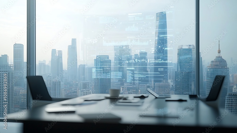 Poster Silhouetted figures meeting by a window with a futuristic network of global nodes and floating data analysis graphs in the background representing technology digital information visualization