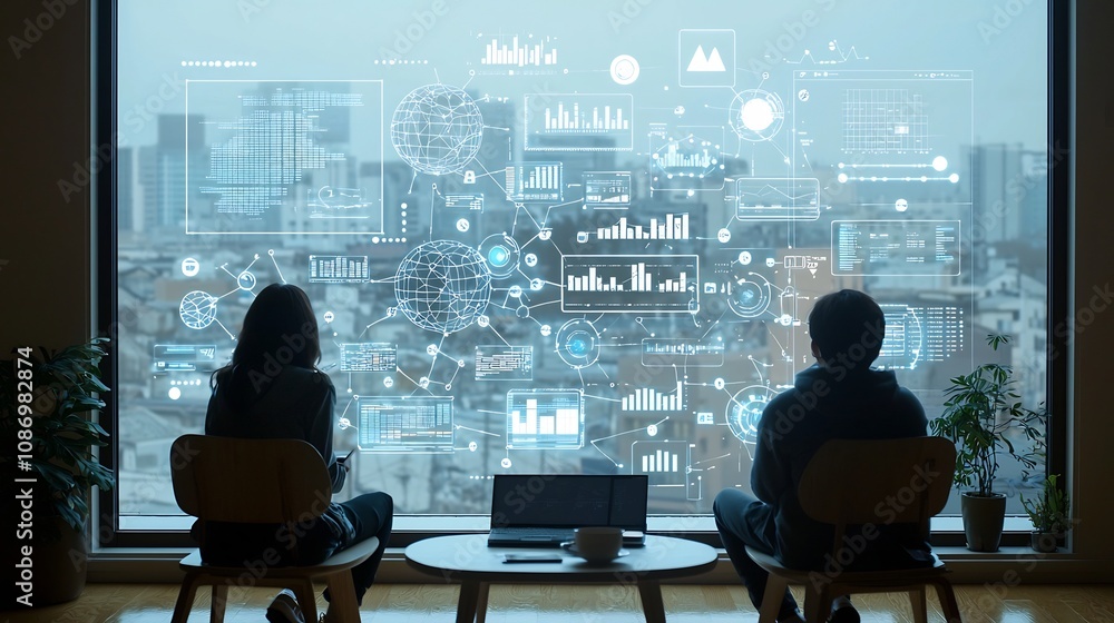 Aufkleber Futuristic window meeting in silhouette with a global network of nodes and floating data analysis graphs representing technology innovation and business strategy
