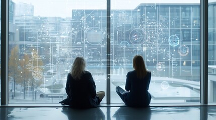 Silhouette of a business meeting by the window with a futuristic network of global data nodes and floating analysis graphs representing modern corporate strategy and technology innovation