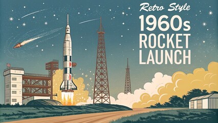 A retro-style illustration of a 1960s rocket launch, with vintage colors and a classic space aesthetic