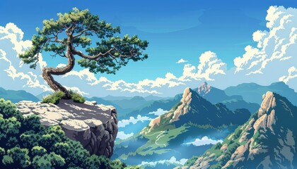 A solitary pine tree on a mountain cliff overlooking a valley with white clouds in a blue sky
