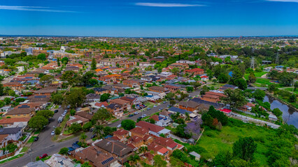 Panoramic aerial drone view of western Sydney Suburbs of Canterbury Burwood Ashfield Marrickville...
