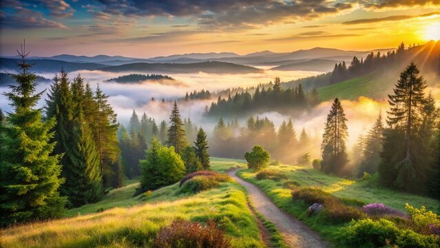 Morning Light on the Hiking Trail to Turbacz and Stare Wierchy in Gorce Mountains: A Serene Landscape Captured in Documentary Style Photography