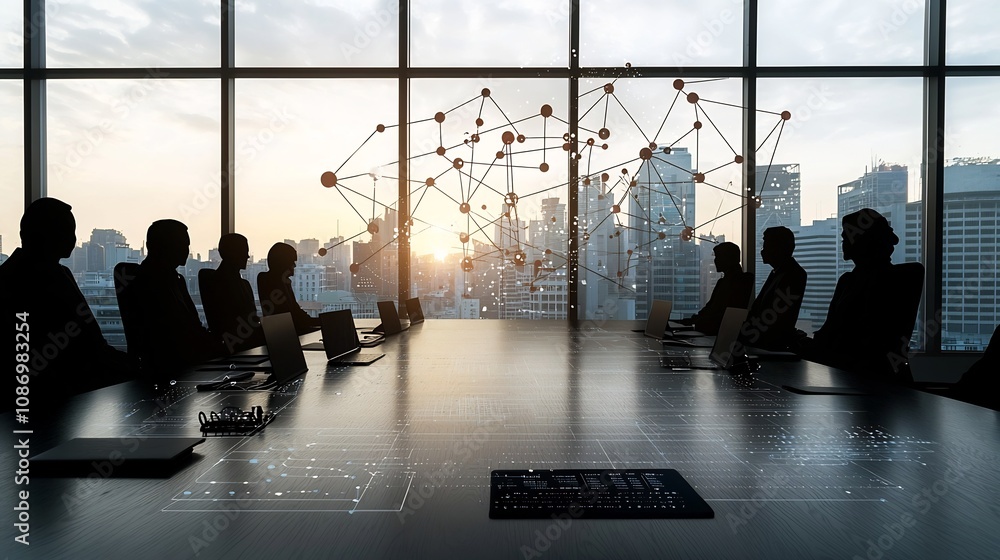 Fototapete Silhouetted business team standing around conference table analyzing interconnected 3D data graphs and network visualizations by the window in a modern office setting