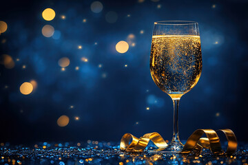 Glass of sparkling champagne with golden ribbon and confetti on blurred blue background with copy space. Festive banner. New Year celebration concept.