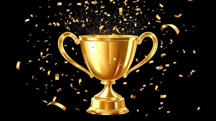 Trophy cup. Champion cup, shiny gold trophy and falling confetti, sports award. Winner prize, realistic champion winner concept.
