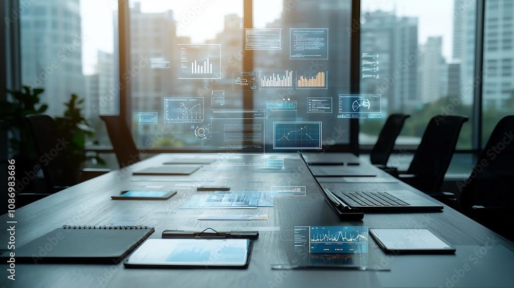Leinwandbilder Silhouetted business executives meeting near the window with advanced global network nodes and floating digital analysis tools showcasing strategic decision making in the corporate workspace