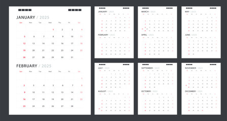 Calendar for 2025 red background. Corporate design planner template.