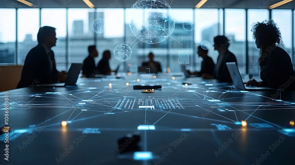 Poster A group of silhouetted business professionals gathered in a conference room setting surrounded by digital analysis tools and a global interconnected network floating around