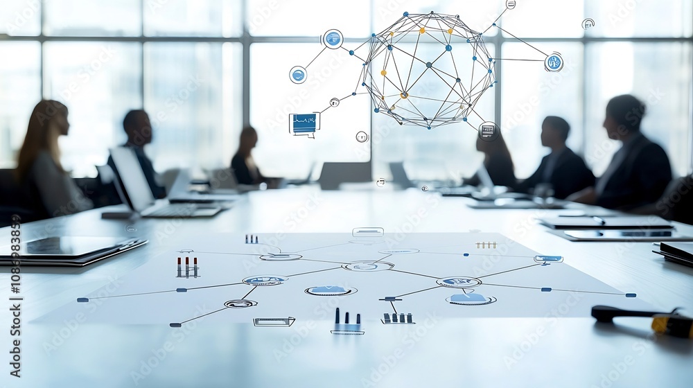 Aufkleber Silhouetted figures in a conference setting surrounded by digital analysis tools and floating global interconnected network representing business strategy planning and data driven decision making