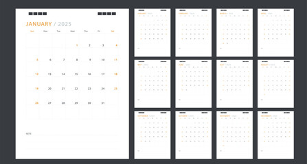 Calendar for 2025 orange background. Corporate design planner template.
