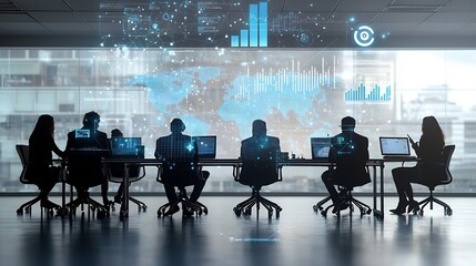 Silhouetted business professionals gathered in a conference setting surrounded by digital analysis tools and a global interconnected network symbolizing teamwork data driven decision making