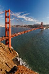 Iconic view of the Golden Gate Bridge bathed in warm sunlight