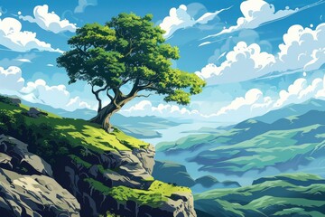 Obraz premium A solitary tree on a cliff overlooking a valley with a river and distant mountains