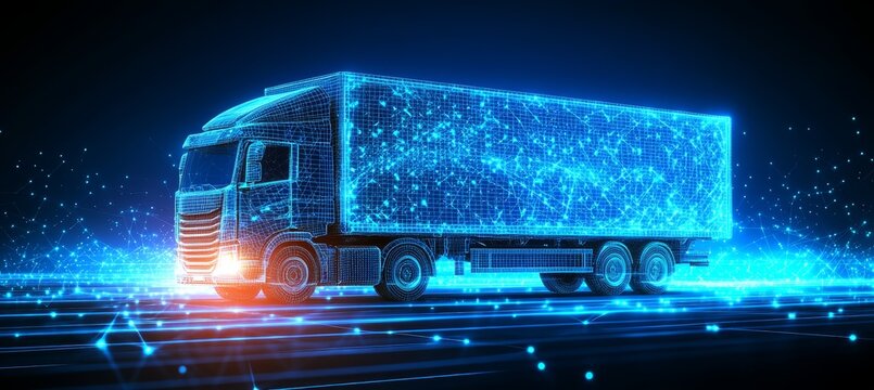 Futuristic Technology, Autonomous Electric Lorry Truck on Road with Digital Data Network Connection