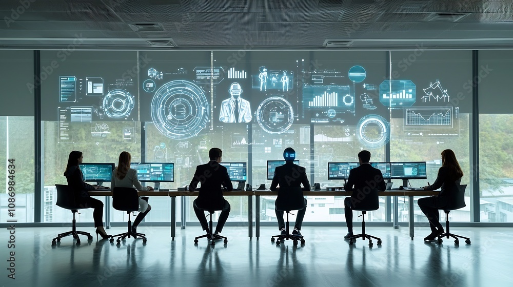 Fototapete A team of silhouetted business executives standing by a floor to ceiling window surrounded by a multitude of digital interfaces holograms and futuristic technology