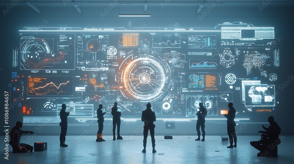 Aufkleber Silhouetted figures surrounded by floating interactive graphs and global communication visuals in a futuristic cyberpunk inspired collaborative setting