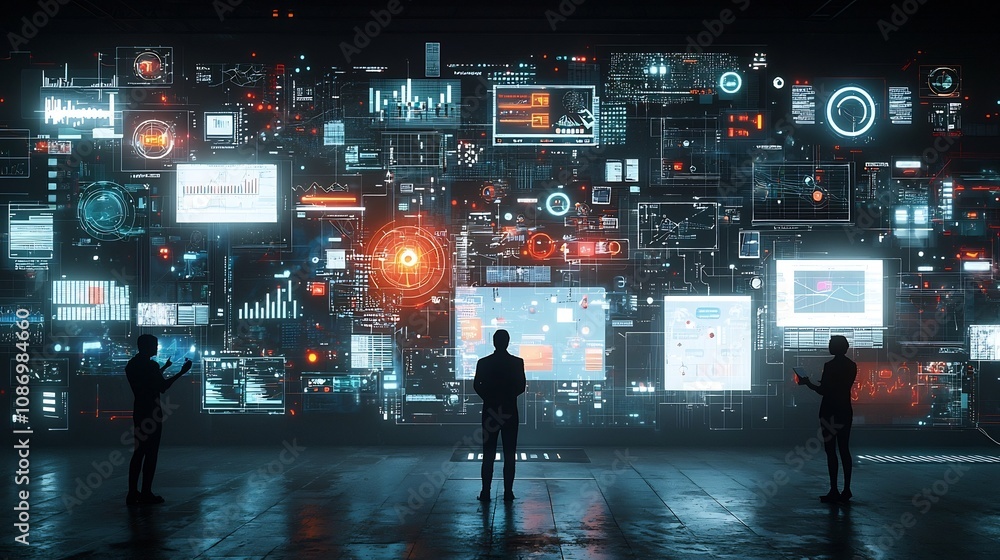 Aufkleber Collaborative cyberpunk inspired setting with silhouetted figures surrounded by floating interactive data visualization graphs and global communication visuals showcasing a futuristic
