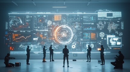 Silhouetted figures surrounded by floating interactive graphs and global communication visuals in a futuristic cyberpunk inspired collaborative setting