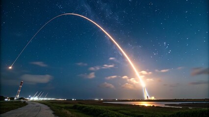A time-lapse image showing the trajectory of a rocket from launch to orbit, with a streak of light against the stars